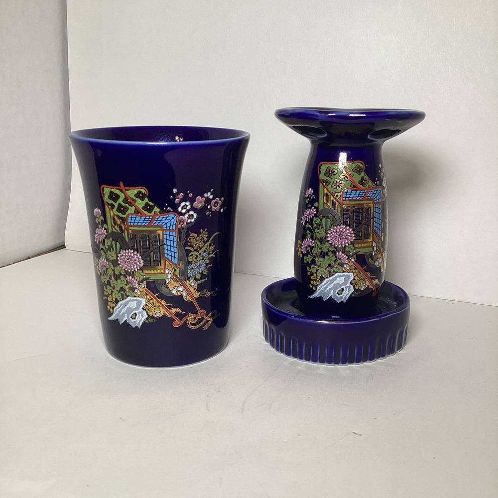 Vintage Cobalt Blue Japanese Porcelain Vanity Set Rickshaw Floral Tumbler Holder